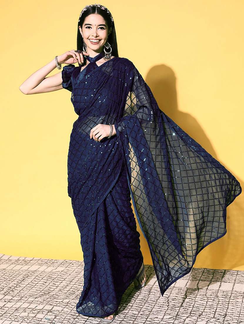 women blue sequin work party wear saree with blouse