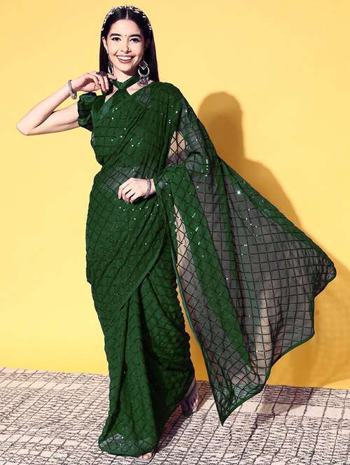 women green sequin work party wear saree with blouse - 21742660 - Standard Image - 0
