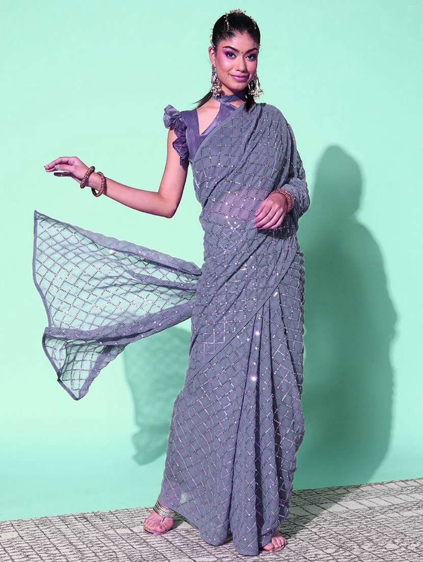 women grey sequin work party wear saree with blouse - 21742661 - Zoom Image - 0