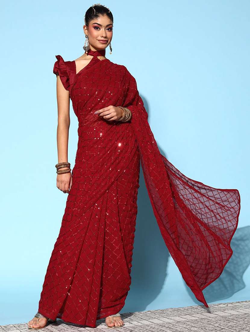 women red sequin work party wear saree with blouse