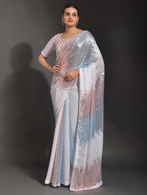 women light blue sequin work party wear saree with blouse - 21742670 - Standard Image - 0