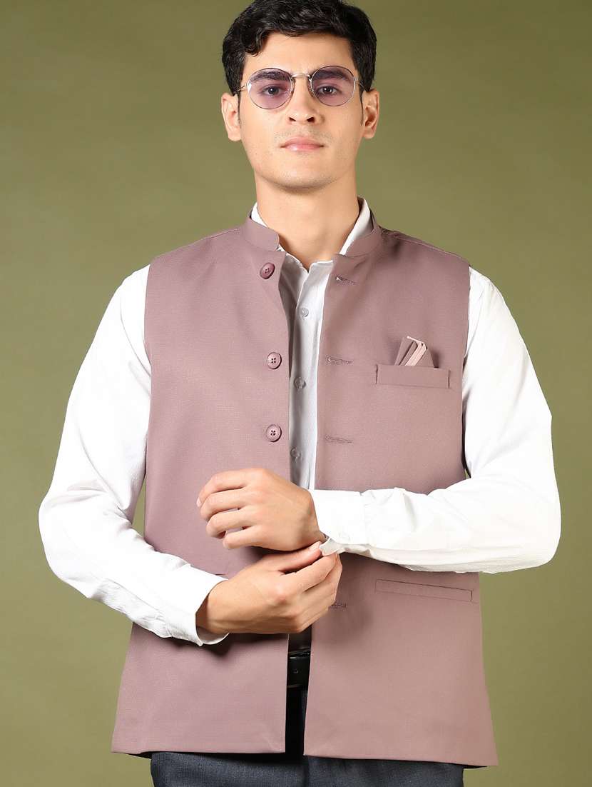 men mauve solid mndarin neck nehru jacket
