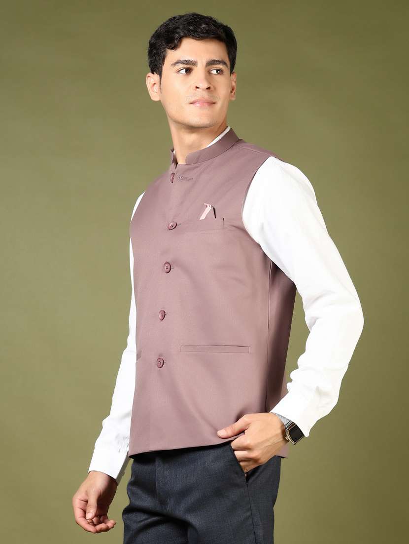 men mauve solid mndarin neck nehru jacket - 21742763 -  Standard Image - 3