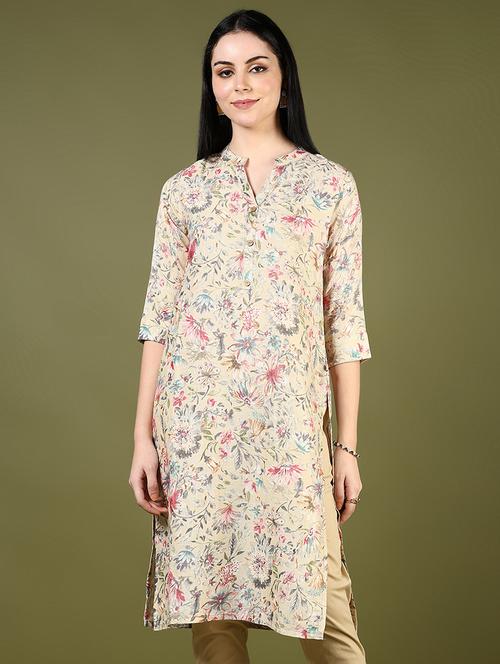 women beige three quarter sleeve straight kurta - 21742765 - Standard Image - 0