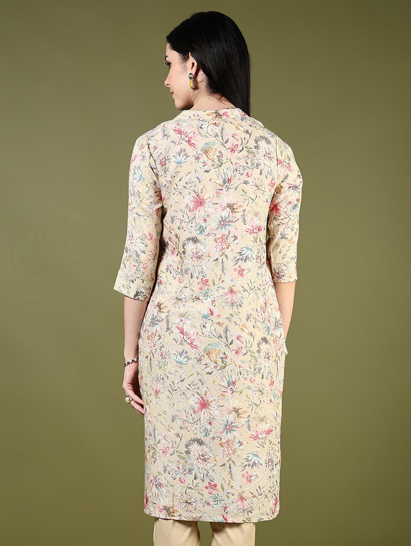 women beige three quarter sleeve straight kurta - 21742765 - Standard Image - 3