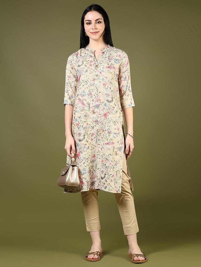 women beige three quarter sleeve straight kurta - 21742765 - Standard Image - 5