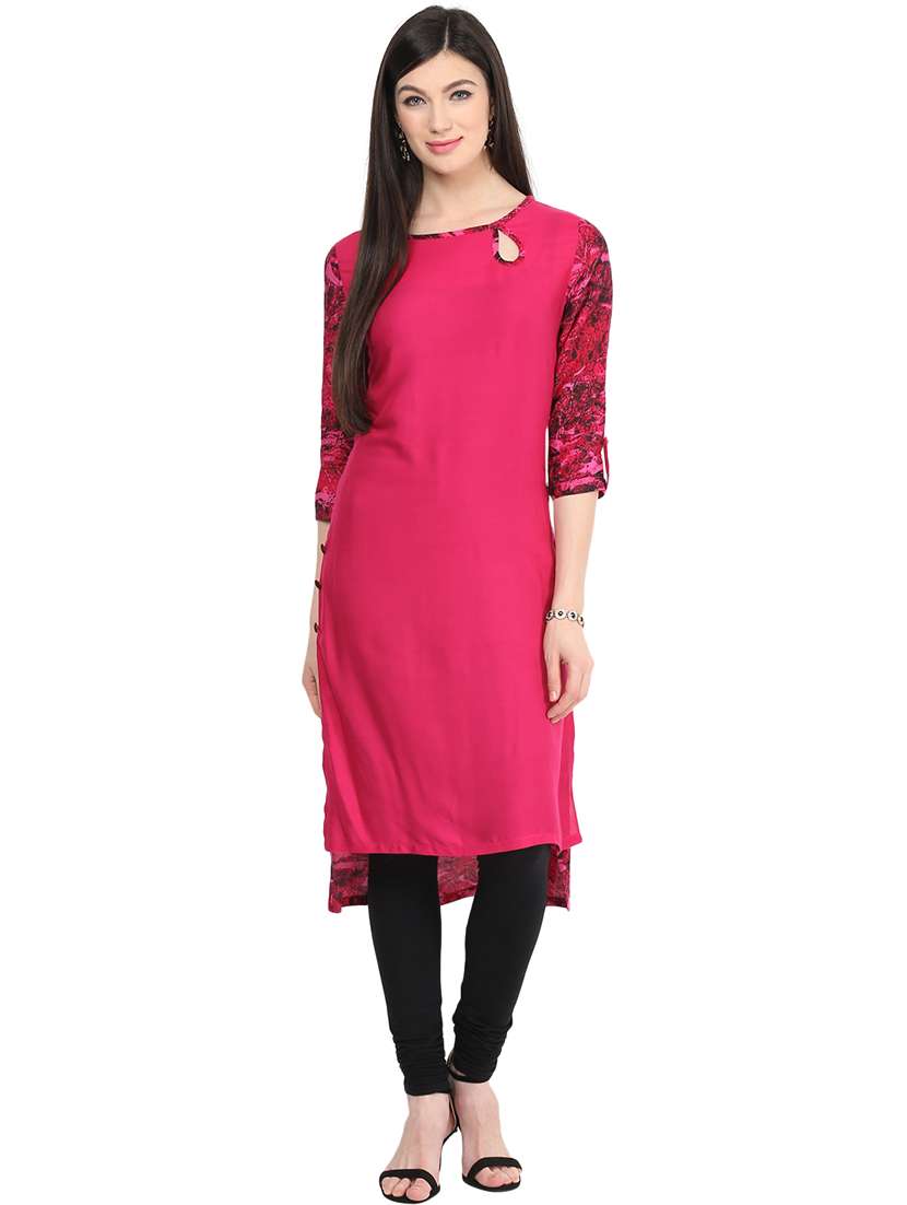 women printed three quarter sleeves high low kurta