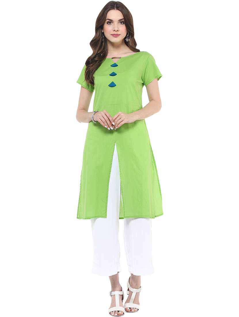 women green solid key hole neck front slit kurta