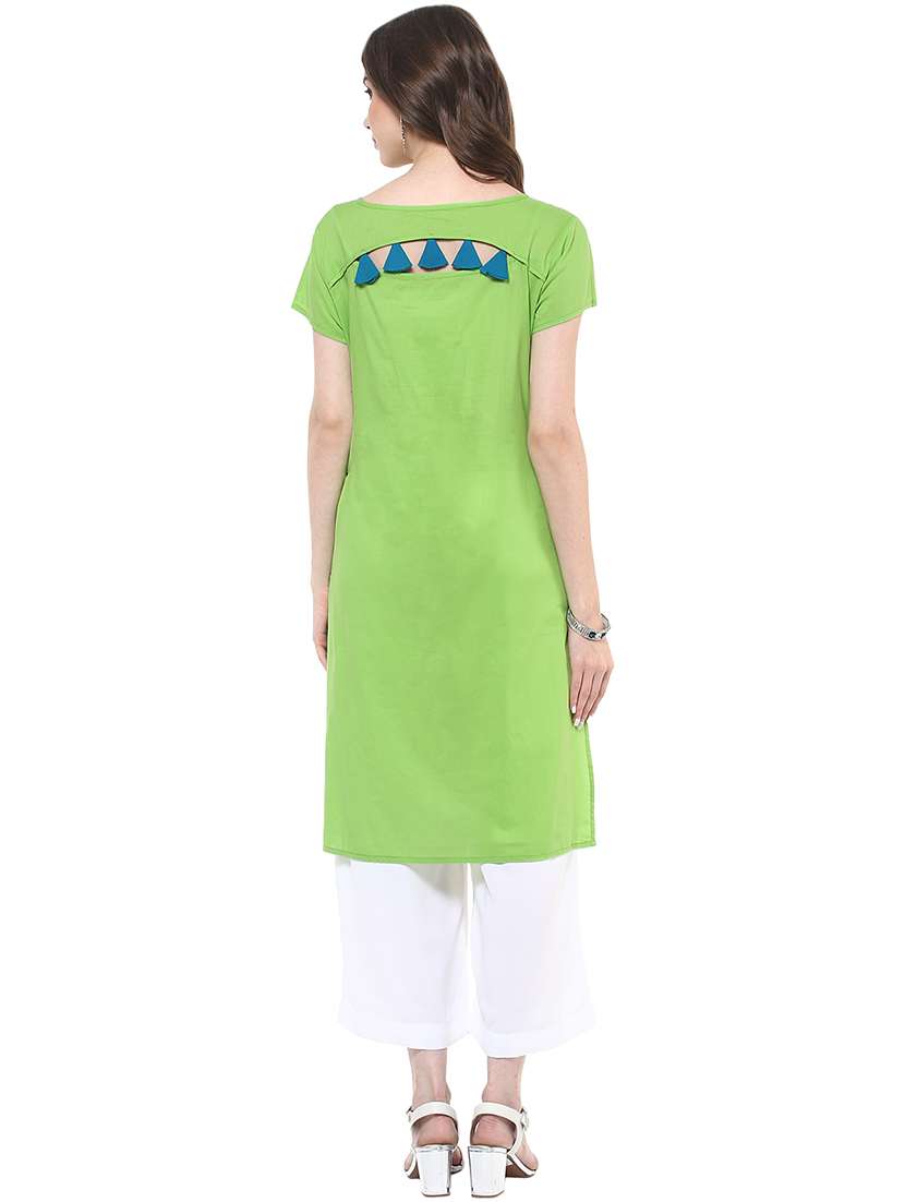 women green solid key hole neck front slit kurta - 21742943 -  Standard Image - 3