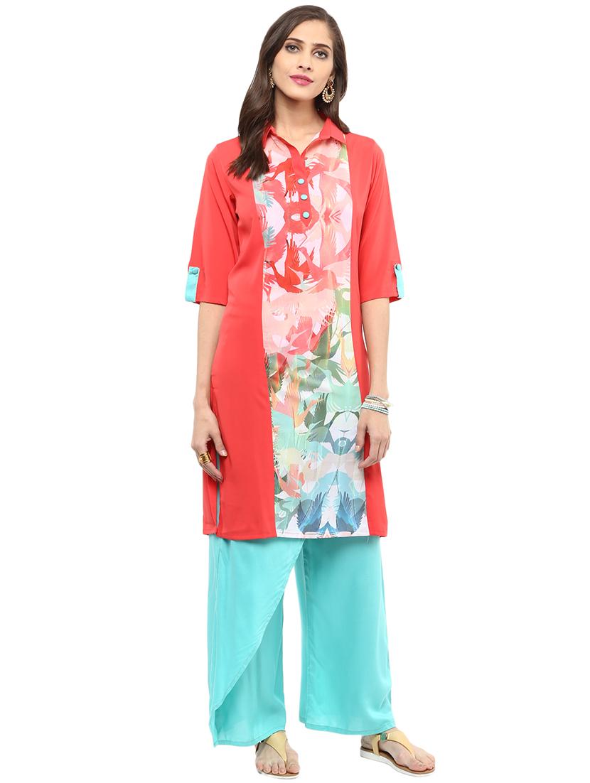 women printed shirt collar neck straight kurta - 21742953 - Standard Image - 3