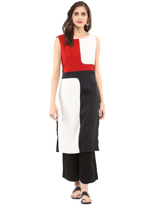 women color block round neck kurta - 21742955 -  Standard Image - 0