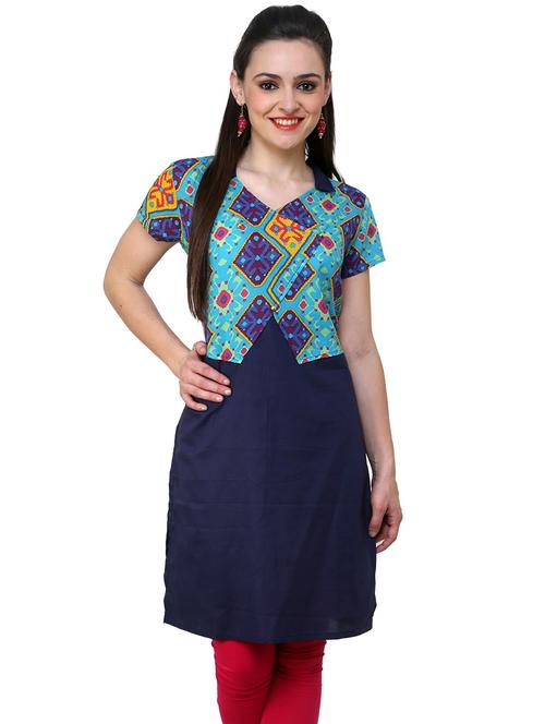 women blue printed v neck a-line kurta - 21742979 - Standard Image - 0
