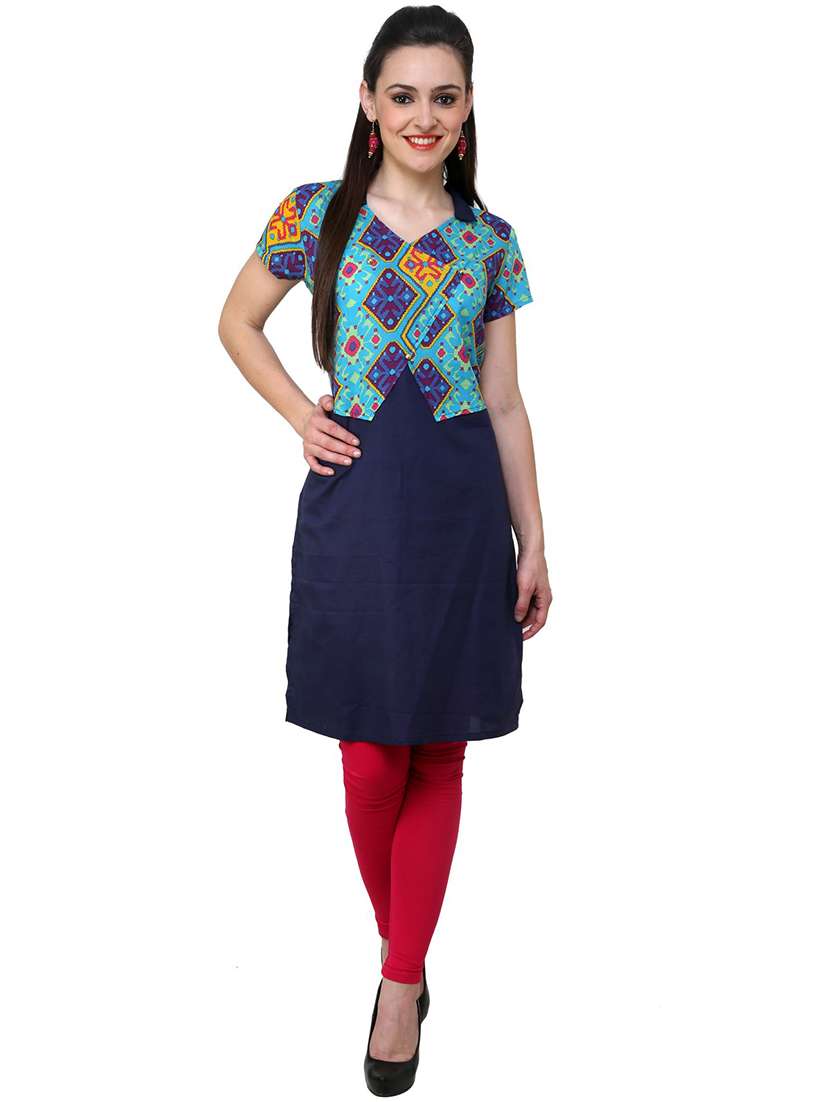 women blue printed v neck a-line kurta - 21742979 - Standard Image - 3