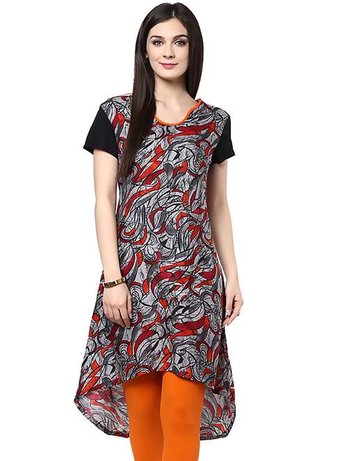 women printed three quarter sleeve high-low kurta - 21743006 -  Standard Image - 0