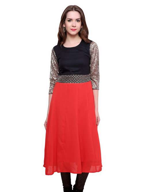 women color block round neck a-line kurta - 21743023 -  Standard Image - 0