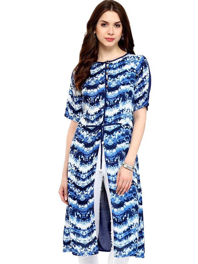 women blue printed round neck front slit kurta