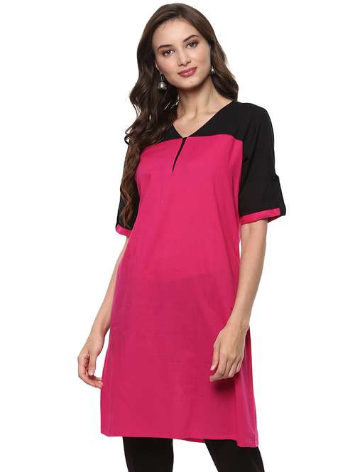 women pink solid v neck a-line kurta - 21743075 -  Standard Image - 0