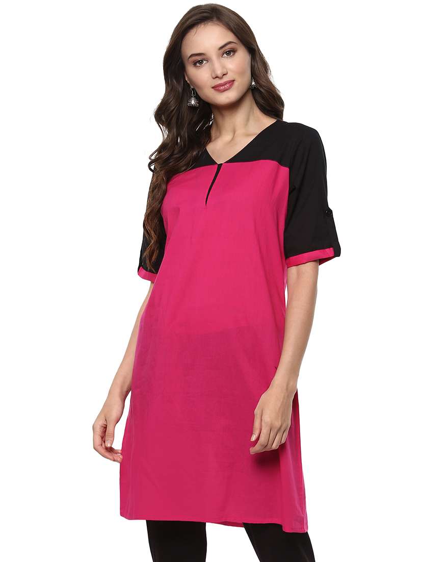 women pink solid v neck a-line kurta - 21743075 -  Zoom Image - 0