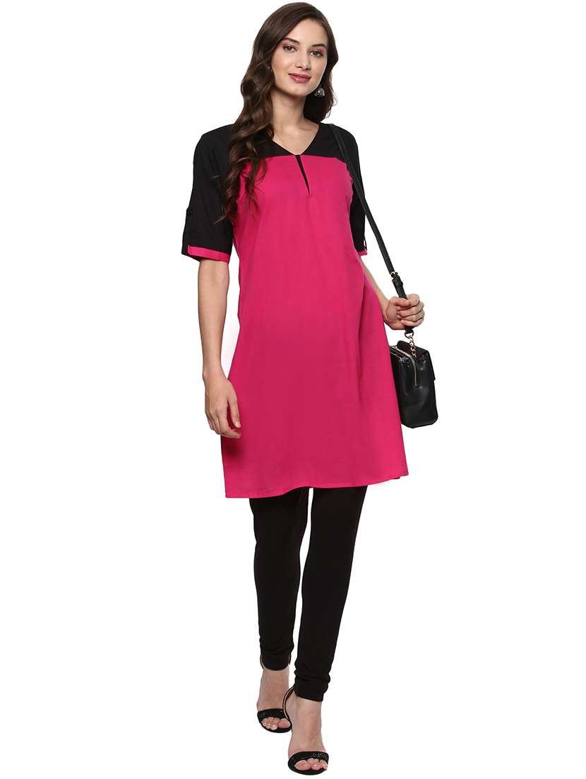 women pink solid v neck a-line kurta - 21743075 -  Standard Image - 3
