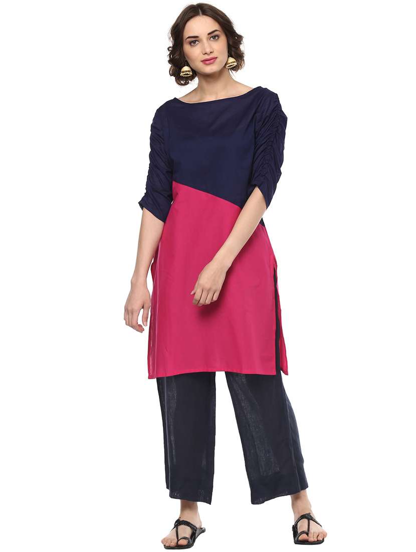 women pink solid round neck straight kurta