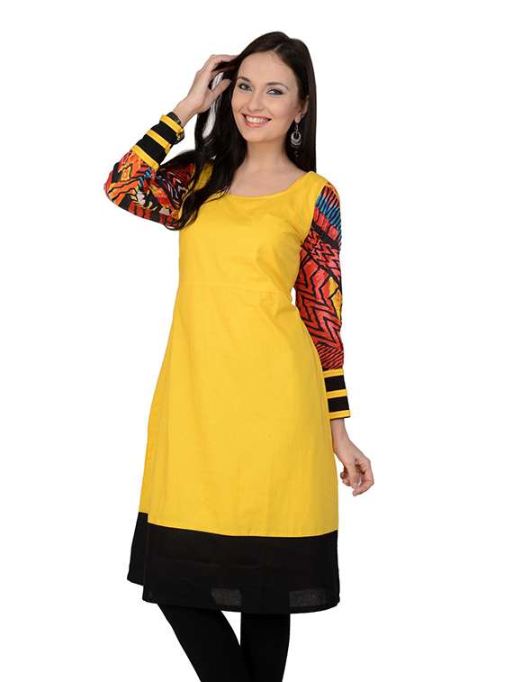 women yellow color block roun neck a-line kurta