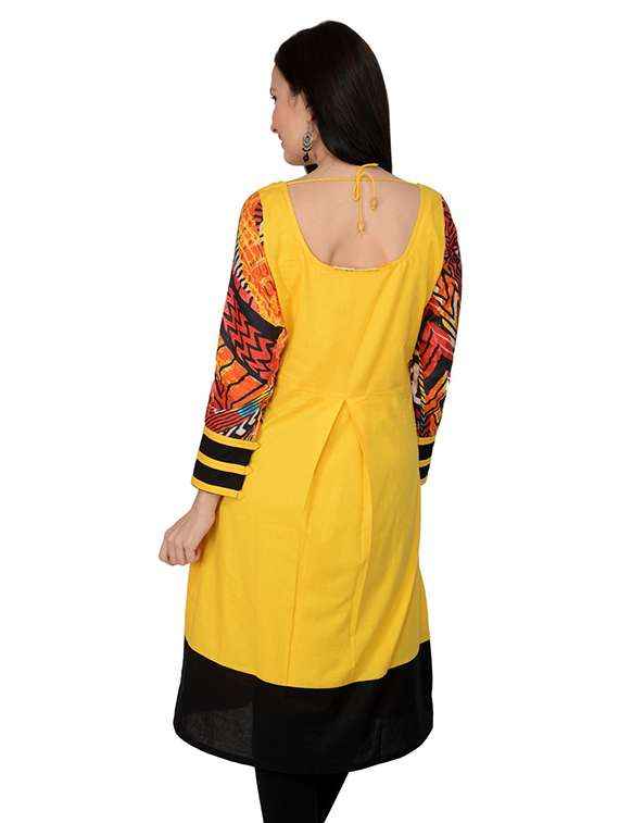 women yellow color block roun neck a-line kurta - 21743079 -  Standard Image - 3