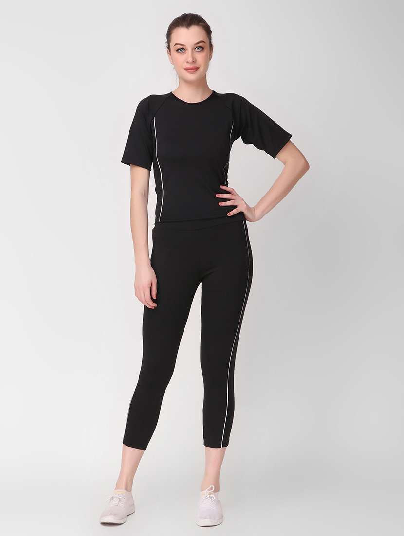 women black solid active wear co-ords set