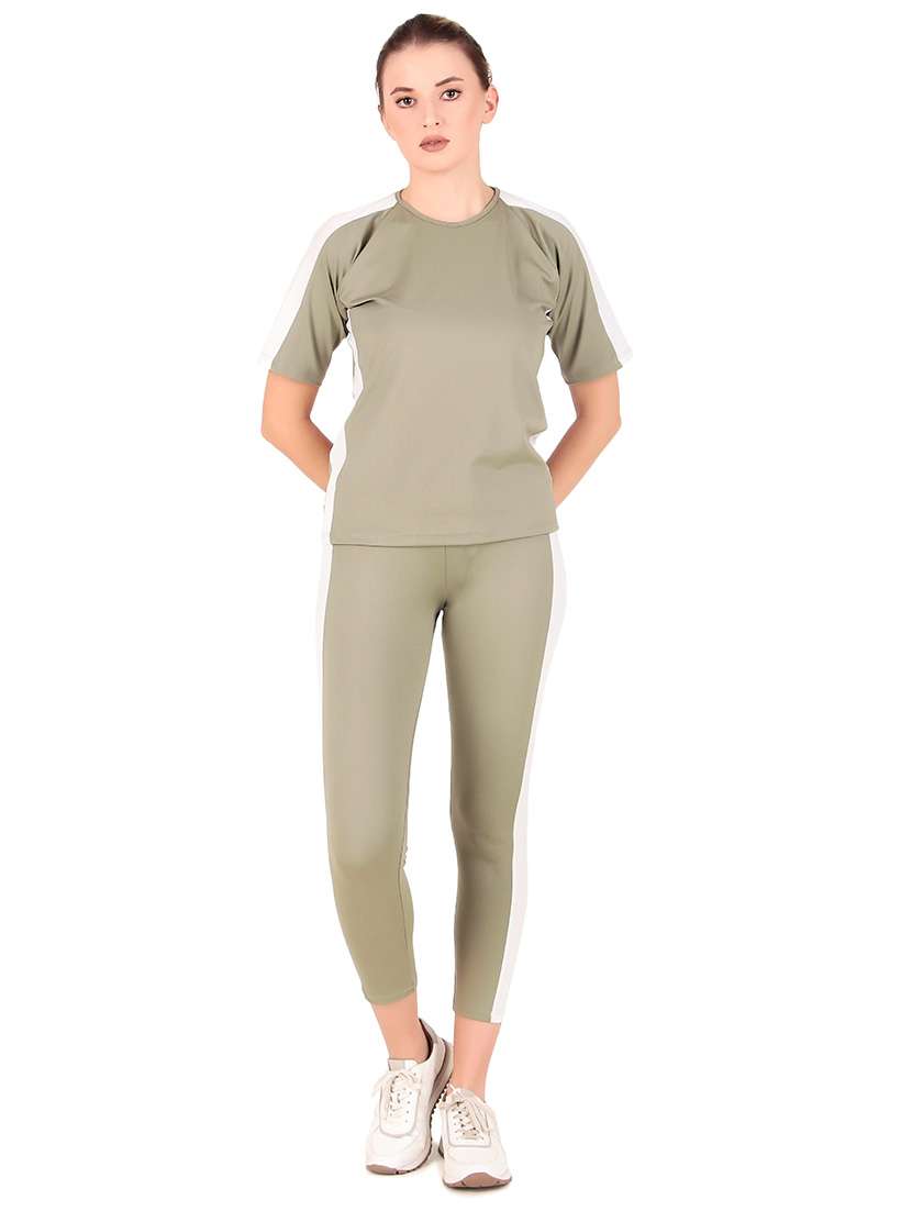 women olive color block active wear co-ords set