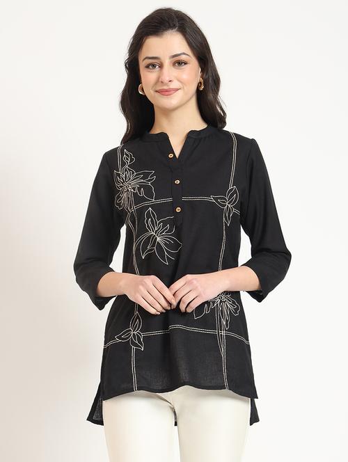 women embroidered mandarin neck high low tunic - 21743410 - Standard Image - 0