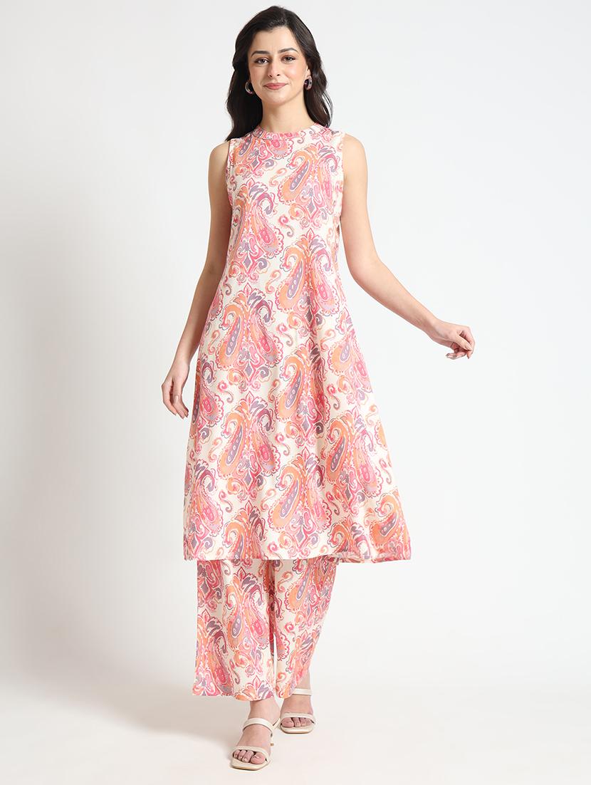 women cream printed sleeveless kurta palazzo set - 21743653 - Zoom Image - 0