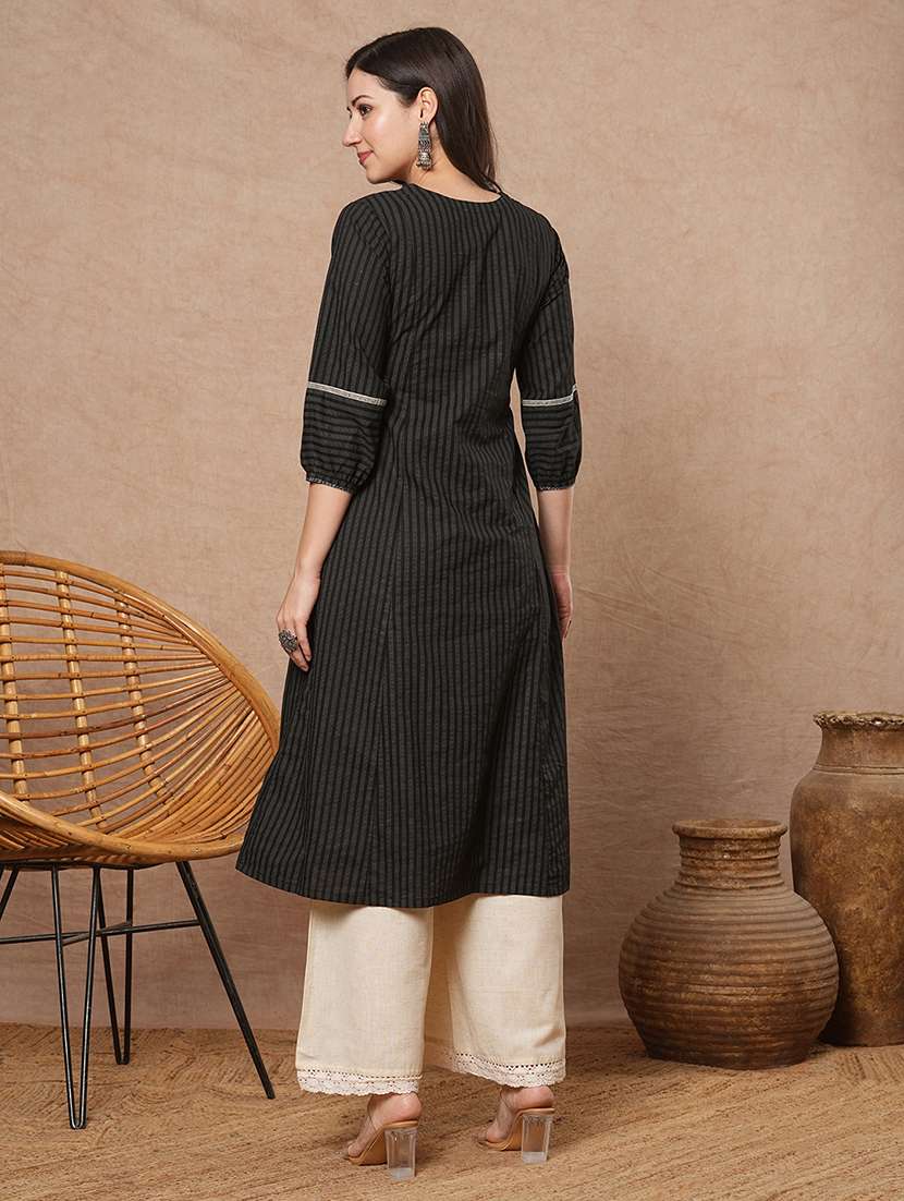 women striped three quarter sleeve a-line kurta - 21743663 - Standard Image - 3
