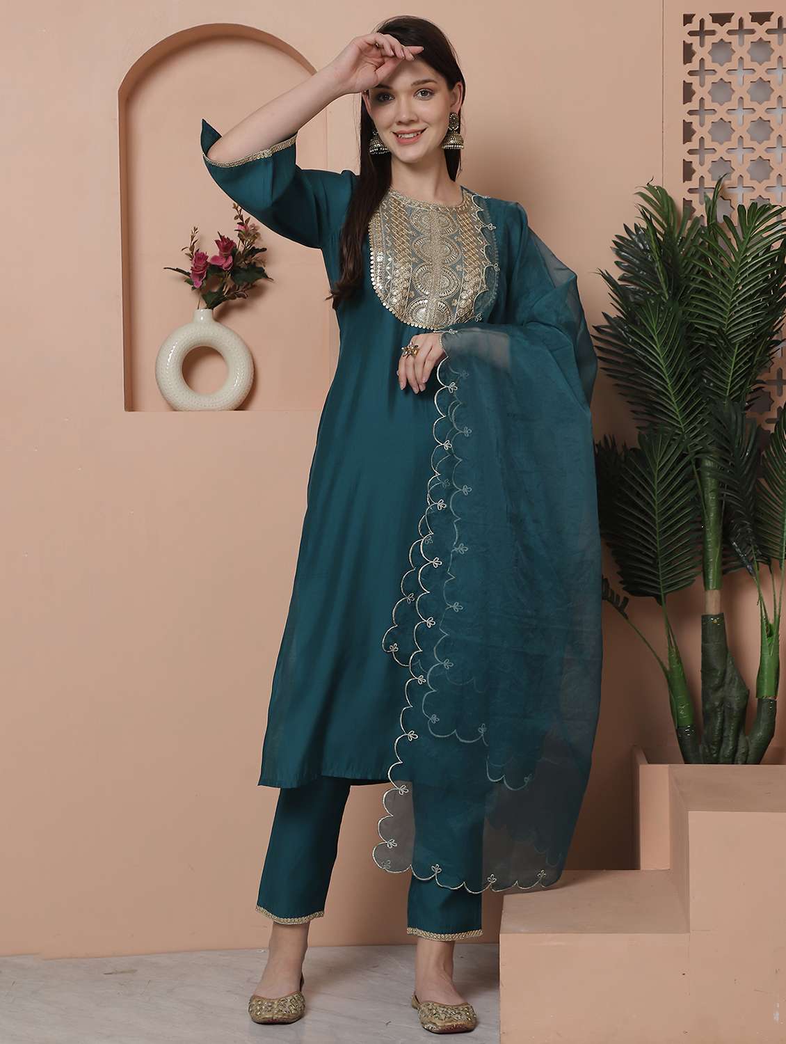 women three quarter sleeve kurta pant with dupatta set - 21743875 - Standard Image - 3