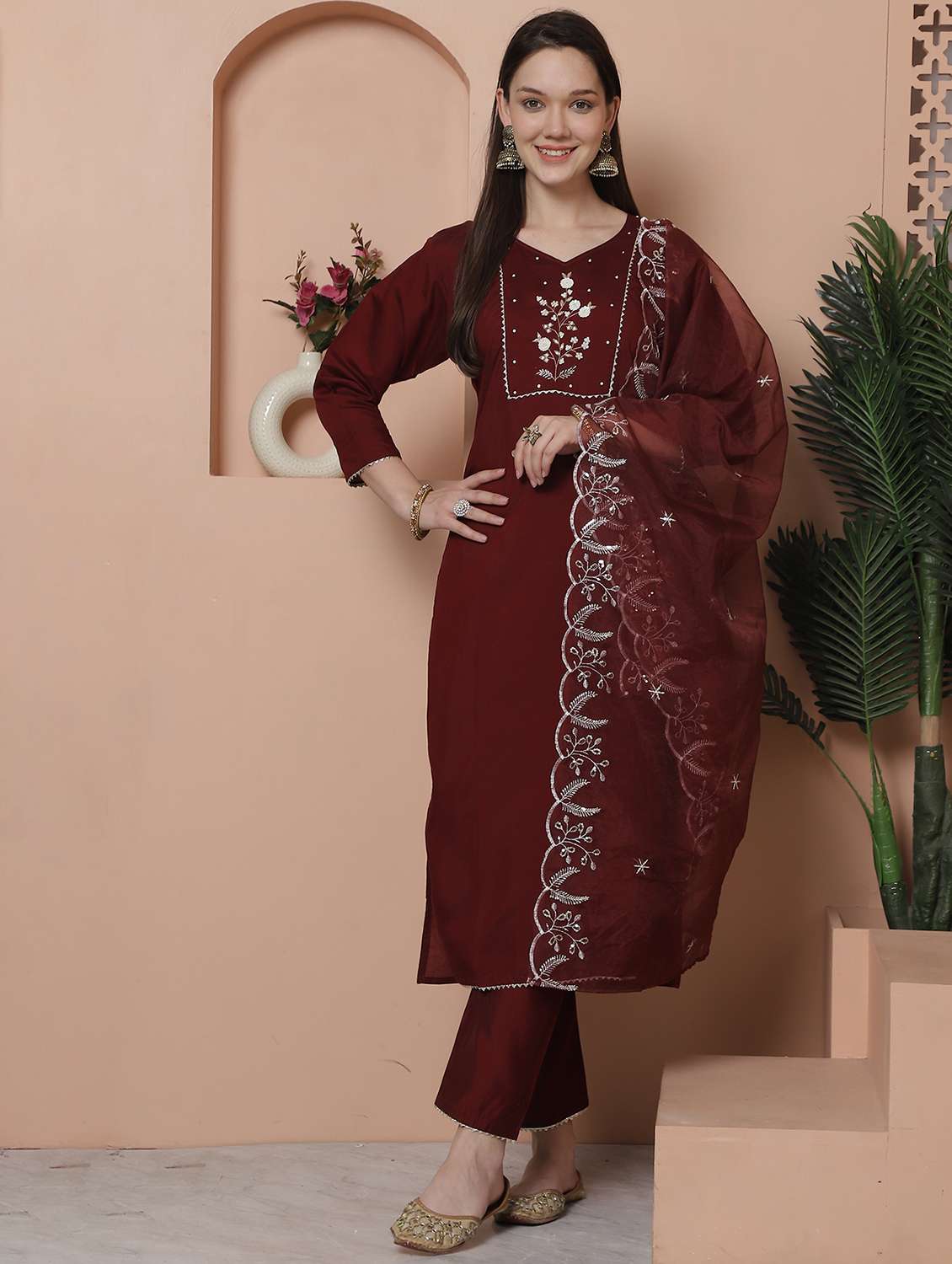 women three quarter sleeve kurta pant with dupatta set