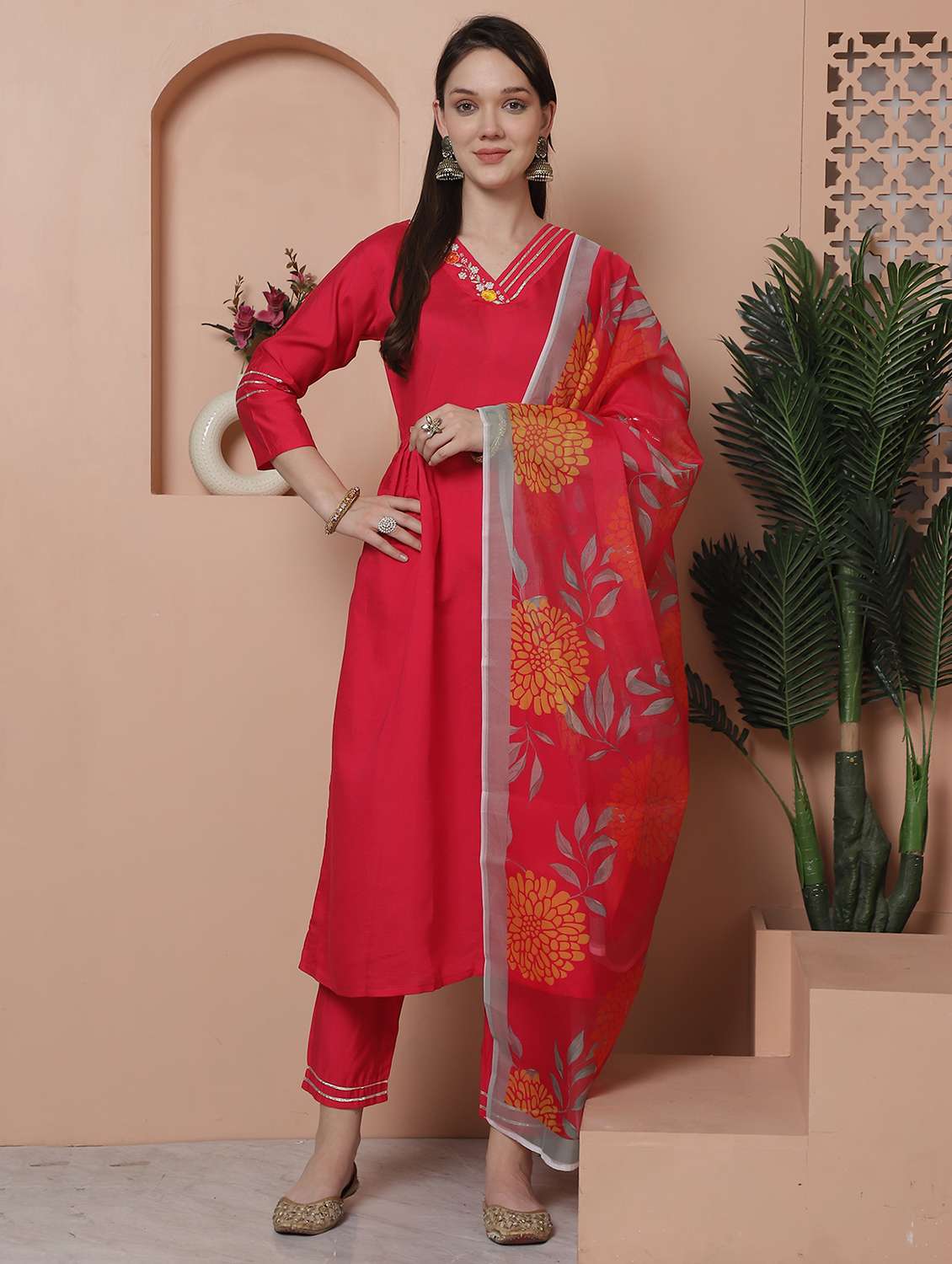 women three quarter sleeve kurta pant with dupatta set - 21743880 -  Zoom Image - 0