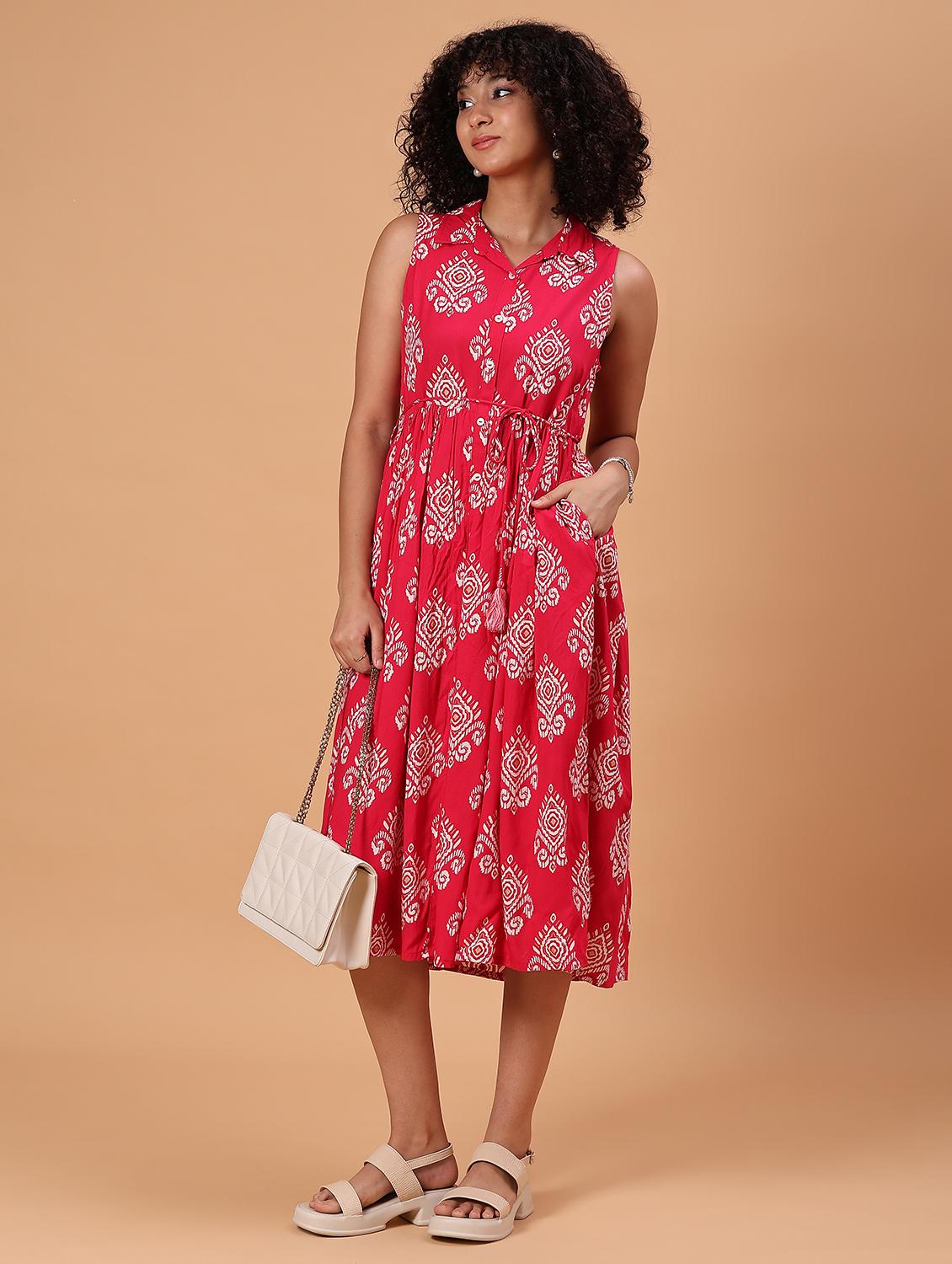 women pink printed sleeveess fit & flare ethnic dress - 21744147 -  Zoom Image - 0