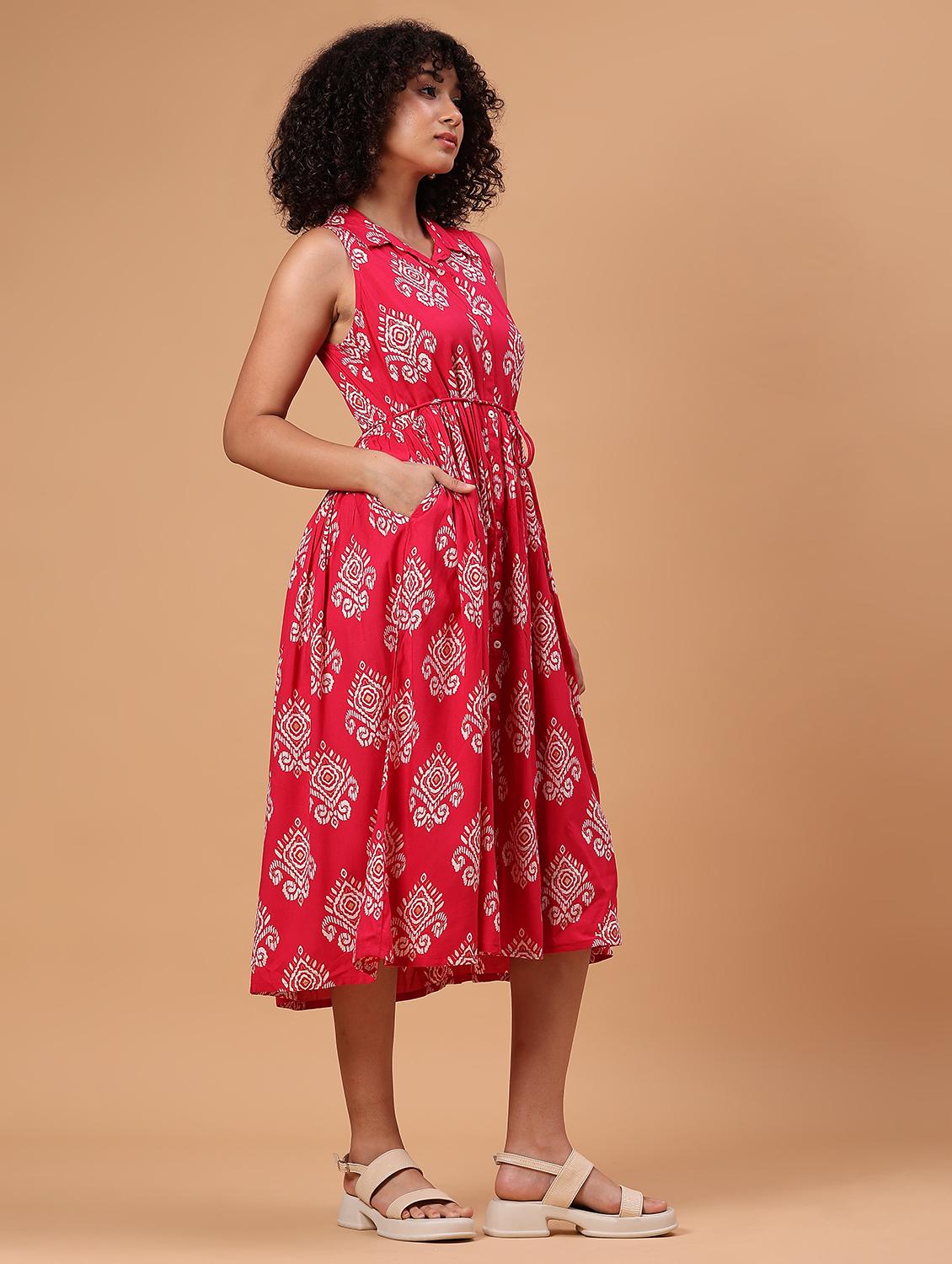 women pink printed sleeveess fit & flare ethnic dress - 21744147 - Standard Image - 3