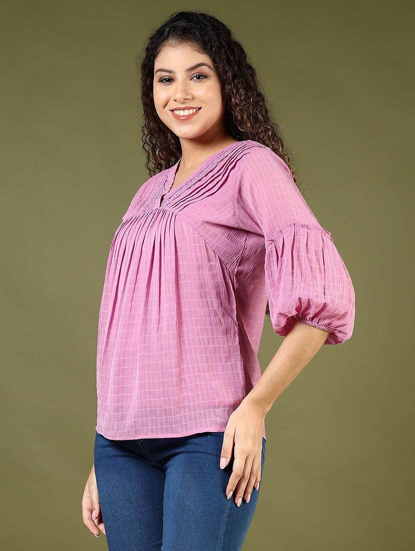 women lavender solid puff sleeve a-line top - 21744149 - Standard Image - 3