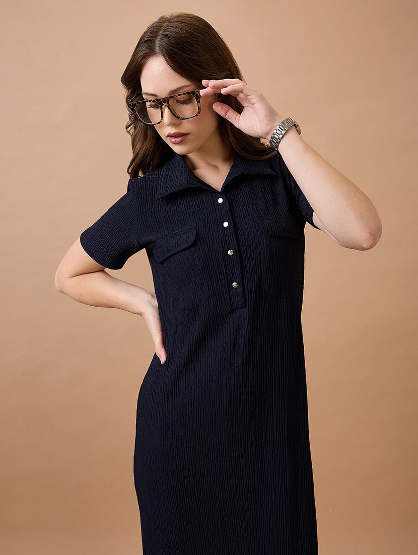globus women navy blue self design shirt collar pocket detail midi sheath workwear dress - 21744191 - Standard Image - 3