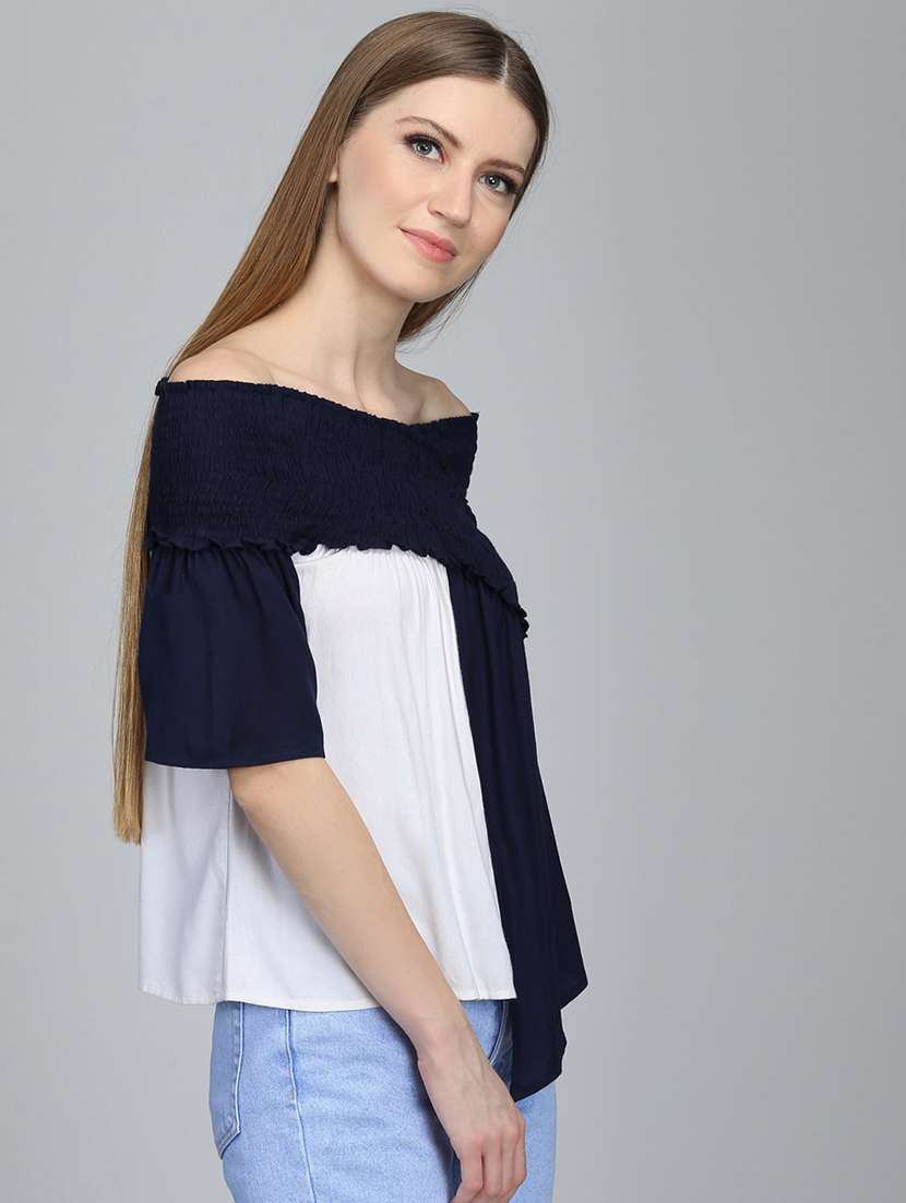 women color blocked off shoulder asymmetric top