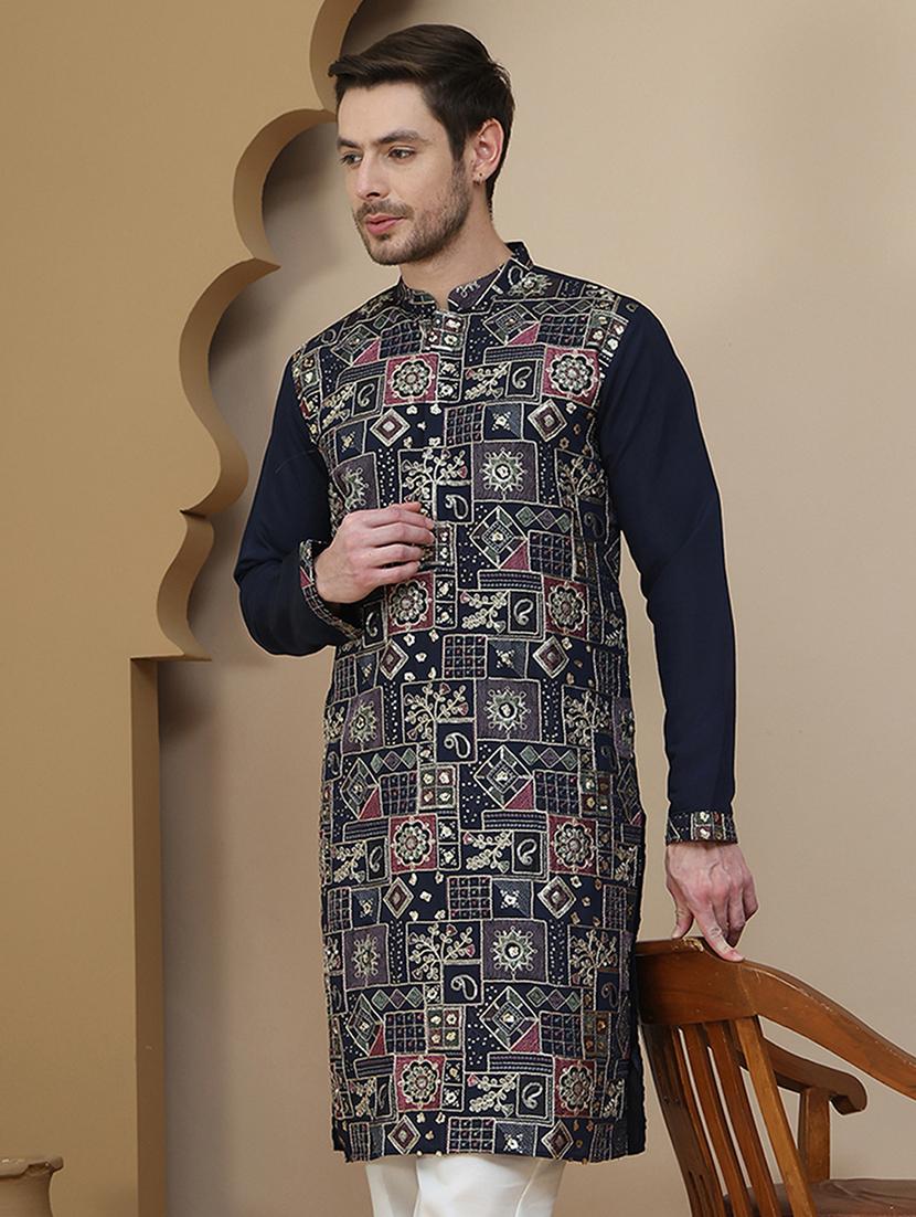 men embroidered mandarin neck long kurta - 21745617 - Zoom Image - 0