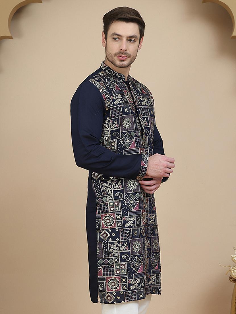men embroidered mandarin neck long kurta - 21745617 - Standard Image - 3