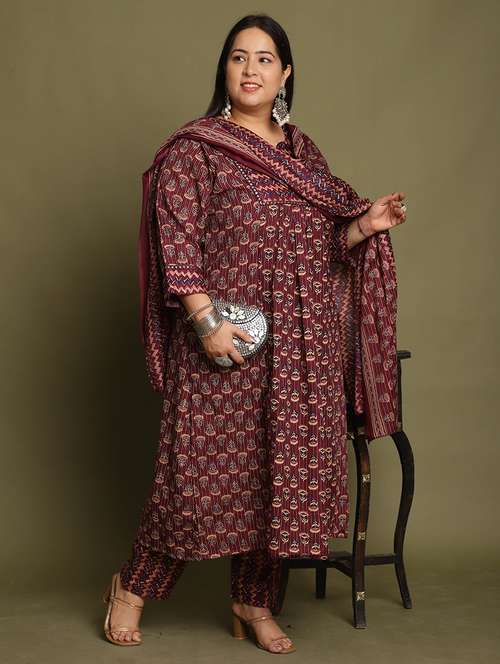 women printed plus size kurta pant with dupatta set