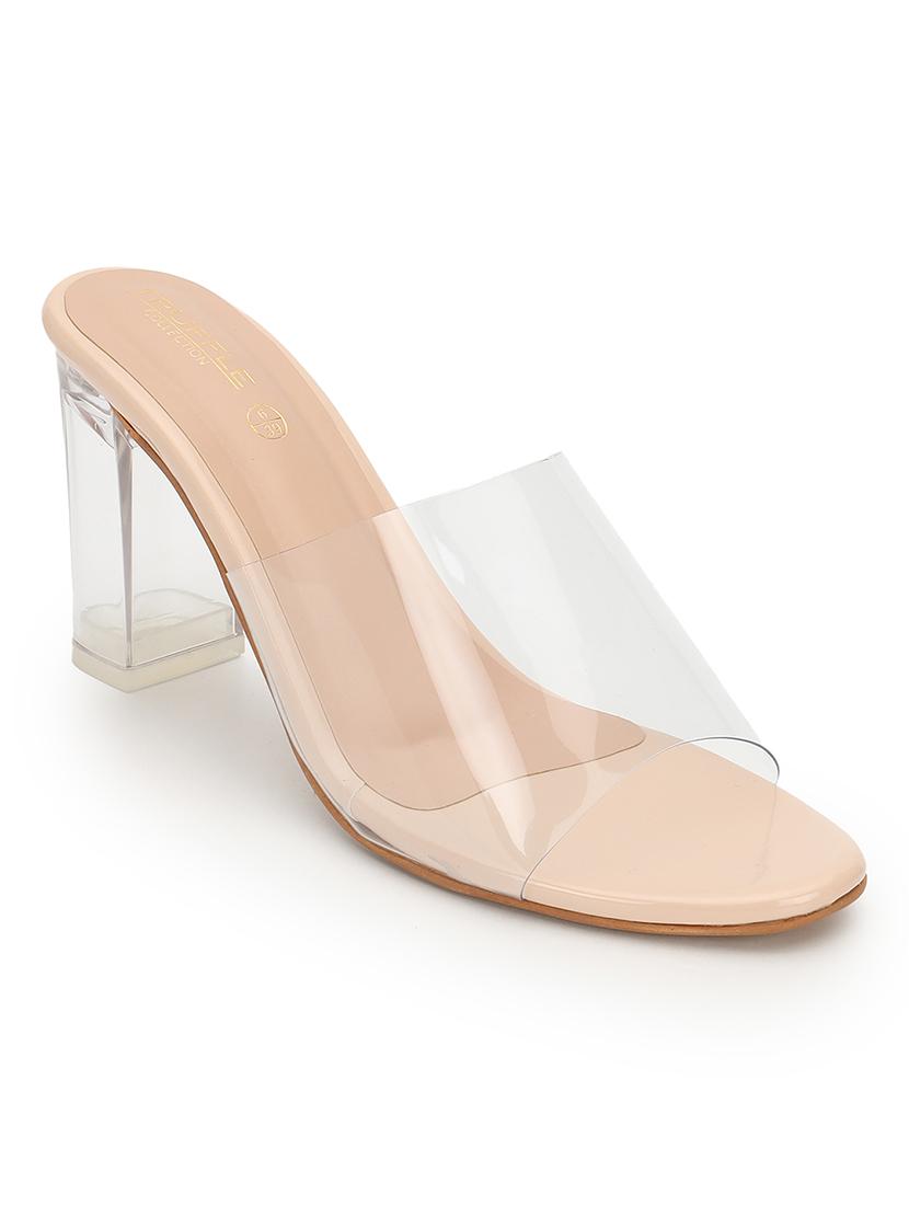 women transparent slip on block heel sandal