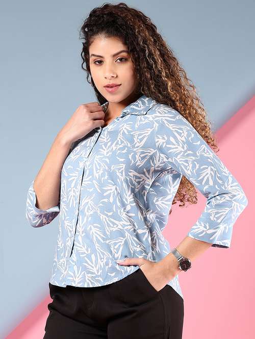 women light blue printed collared regular shirt - 21746170 - Standard Image - 0