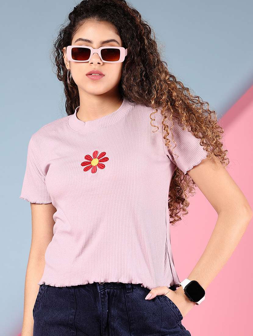 women lavender solid short sleeve regular top