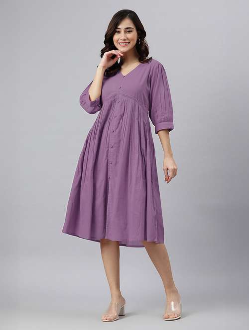 women solid puff sleeves a-line dress - 21746685 -  Standard Image - 0