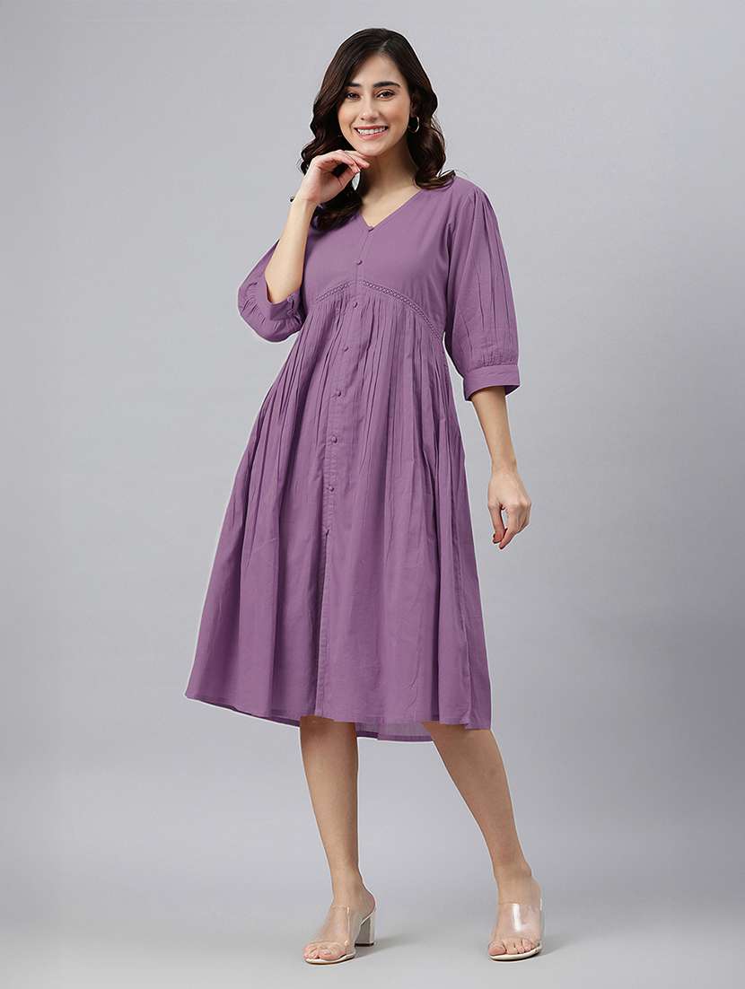 women solid puff sleeves a-line dress - 21746685 -  Zoom Image - 0