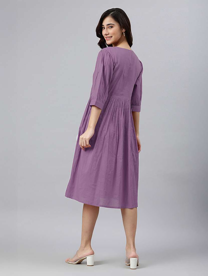 women solid puff sleeves a-line dress - 21746685 - Standard Image - 3
