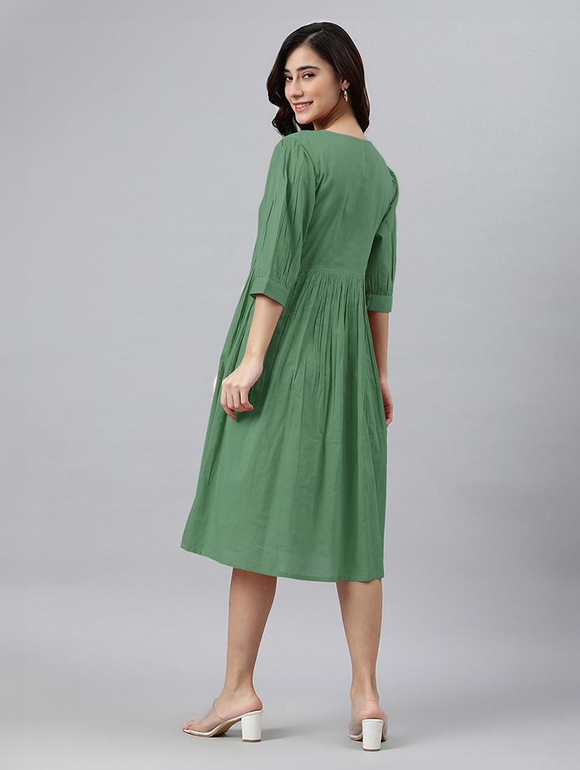 women solid puff sleeves a-line dress - 21746687 - Standard Image - 3