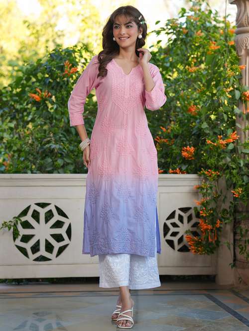 women notch neck chikankari straight kurta - 21746698 - Standard Image - 0